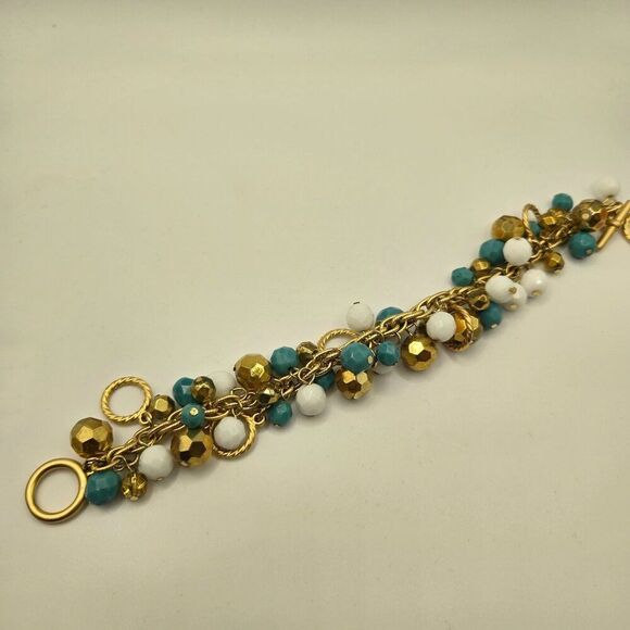Vintage Kenneth J Lane Toggle Bracelet Turquoise Beaded Gold Tone 8" - Picture 4 of 4